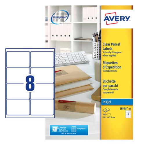 Avery Inkjet Address Label 99.1x67.7mm 8 Per A4 Sheet Clear (Pack 200 Labels) J8565-25