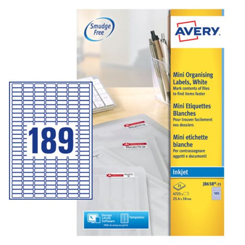 Avery Inkjet Mini Label 25x10mm 189 Per A4 Sheet White (Pack 4725 Labels) J8658-25