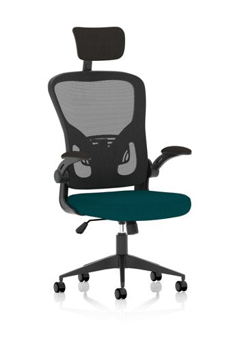 Ace Executive Mesh Back Office Chair With Folding Arms Bespoke Fabric Seat Maringa Teal - KCUP2002 DD