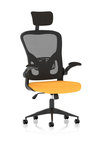 Ace Executive Mesh Back Office Chair With Folding Arms Bespoke Fabric Seat Senna Yellow - KCUP2004 DD