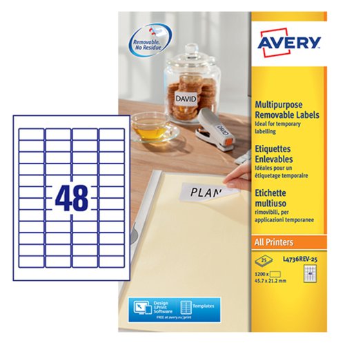 Avery Multipurpose Mini Removable Label 45.7x21.2mm 48 Per A4 Sheet White (Pack 1200 Labels) L4736REV-25