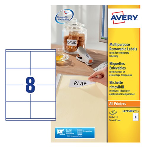 Avery Multipurpose Mini Removable Label 96x63.5mm 8 Per A4 Sheet White (Pack 200 Labels) L4745REV-25