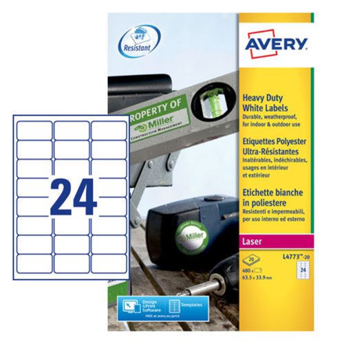 Avery Laser Heavy Duty Label 64.6x33.8mm 24 Per A4 Sheet White (Pack 480 Labels) L4773-20