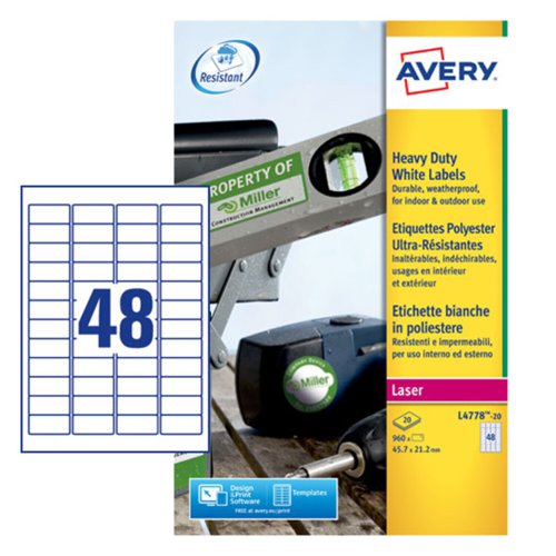 Avery Laser Heavy Duty Label 45.7x21.2mm 48 Per A4 Sheet White (Pack 960 Labels) L4778-20