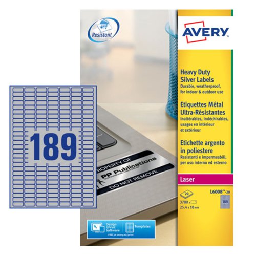 Avery Laser Heavy Duty Label 25.4x10mm 189 Per A4 Sheet Silver (Pack 3780 Labels) L6008-20