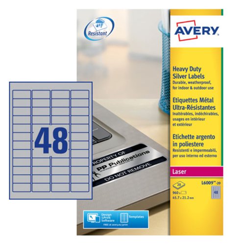 Avery Laser Heavy Duty Label 45.7x21.2mm 48 Per A4 Sheet Silver (Pack 960 Labels) L6009-20