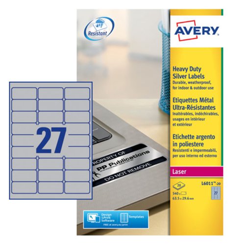 Avery Laser Heavy Duty Label 63.5x29.6mm 27 Per A4 Sheet Silver (Pack 540 Labels) L6011-20