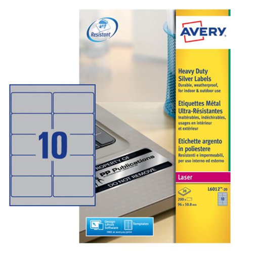 Avery Laser Heavy Duty Label 96x50.8mm 10 Per A4 Sheet Silver (Pack 200 Labels) L6012-20