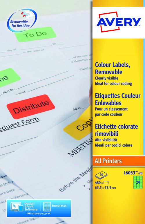 Avery Coloured Label 63.5x34mm 24 Per A4 Sheet Green (Pack 480 Labels) L6033-20