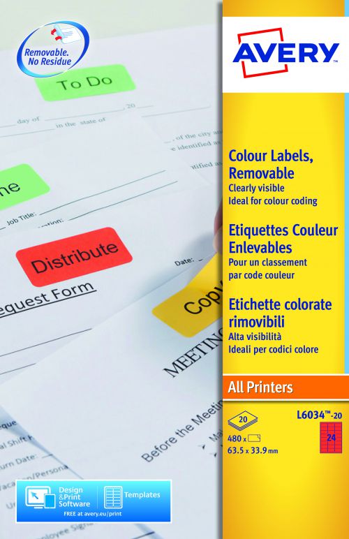 Avery Coloured Label 63.5x34mm 24 Per A4 Sheet Red (Pack 480 Labels) L6034-20