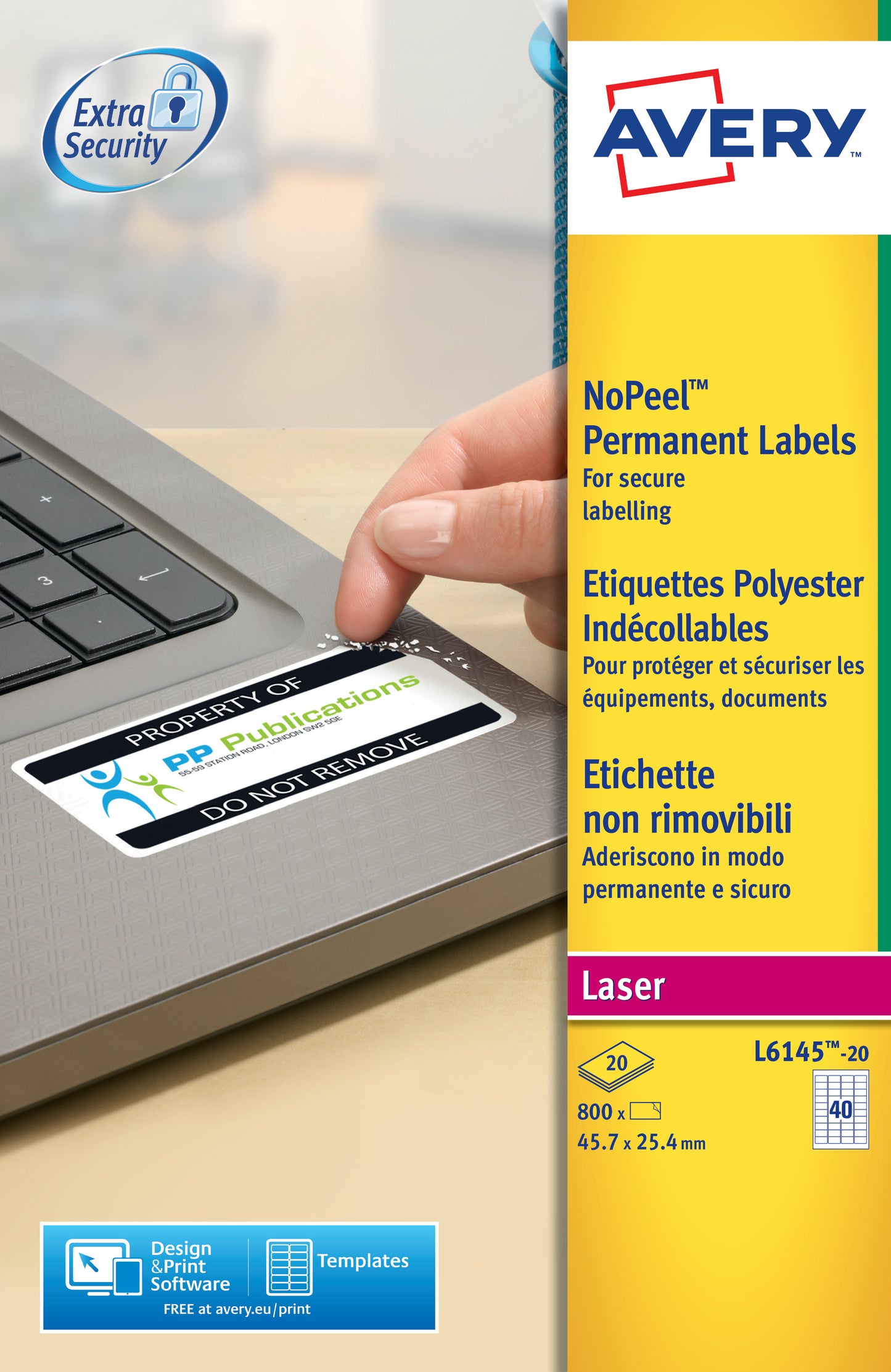 Avery Laser NoPeel Anti-Tamper Permanent Label 45.7x25mm 40 Per A4 Sheet White (Pack 800 Labels) L6145-20