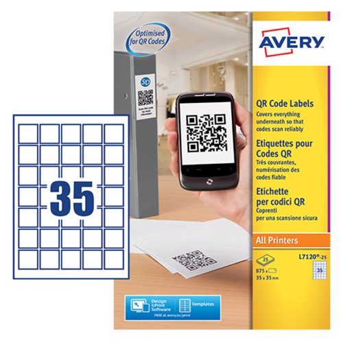 Avery QR Code Label 35x35mm 35 Per A4 Sheet White (Pack 875 Labels) L7120-25