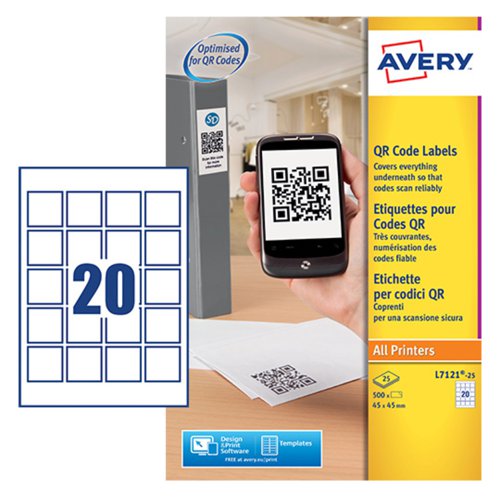 Avery QR Code Label 45x45mm 20 Per A4 Sheet White (Pack 500 Labels) - L7121-25