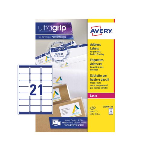 Avery Laser Address Label 63.5x38.1mm 21 Per A4 Sheet White (Pack 5250 Labels) L7160-250