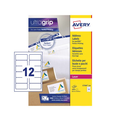 Avery Laser Address Label 63.5x72mm 12 Per A4 Sheet White (Pack 3000 Labels) L7164-250