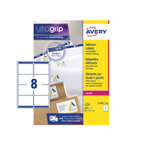 Avery Laser Parcel Label 99x67.7mm 8 Per A4 Sheet White (Pack 2000 Labels) L7165-250