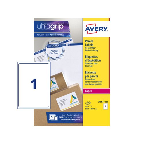 Avery Laser Parcel Label 199.6x289mm 1 Per A4 Sheet White (Pack 100 Labels) L7167-100