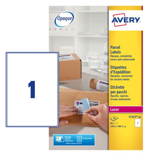 Avery Laser Parcel Label 199.6x289mm 1 Per A4 Sheet White (Pack 40 Labels) L7167-40