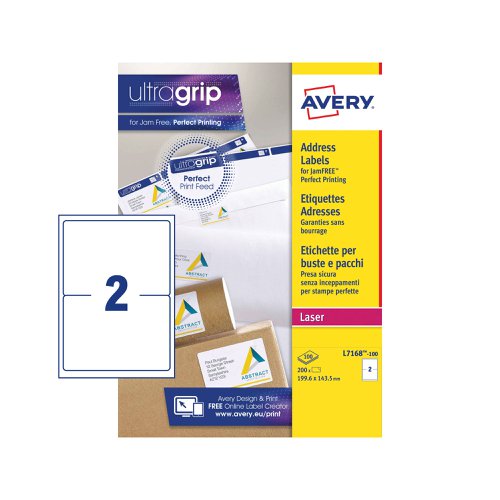 Avery Laser Parcel Label 199.6x143.5mm 2 Per A4 Sheet White (Pack 200 Labels) L7168-100