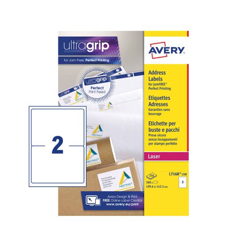 Avery Laser Parcel Label 199.6x143.5mm 2 Per A4 Sheet White (Pack 500 Labels) L7168-250