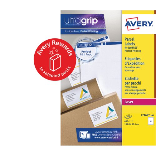 Avery Laser Parcel Label 139x99mm 4 Per A4 Sheet White (Pack 400 Labels) L7169-100