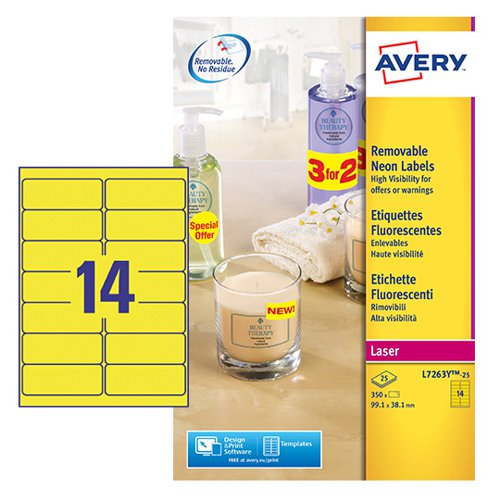 Avery Laser High Visibility Removable Label 99x38mm 14 Per A4 Sheet Neon Yellow (Pack 350 Labels ) L7263Y-25