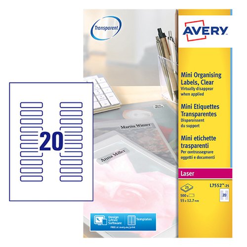 Avery Laser Mini Label 55x122mm 25 Per A4 Sheet Clear (Pack 500 Labels) L7552-25