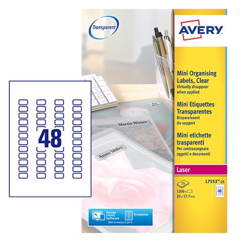 Avery Laser Mini Label 22x127mm 48 Per A4 Sheet Clear (Pack 1200 Labels) L7553-25