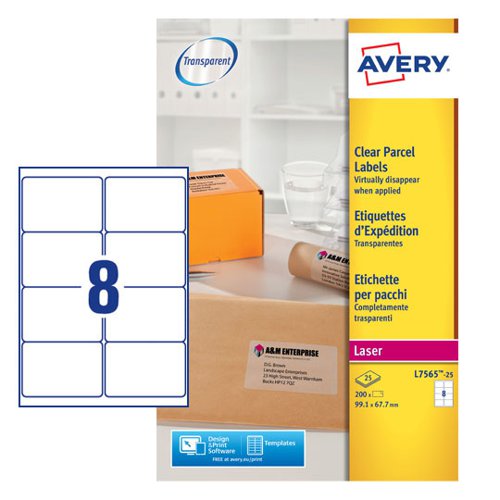 Avery Laser Parcel Label 99x67.7mm 8 Per A4 Sheet Clear (Pack 200 Labels) L7565-25