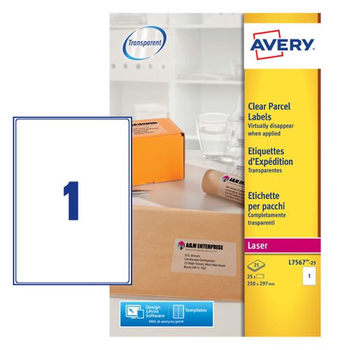 Avery Laser Parcel Label 210x297mm 1 Per A4 Sheet Clear (Pack 25 Labels) L7567-25