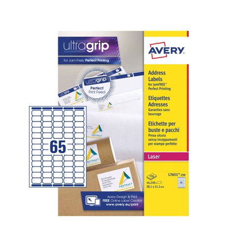 Avery Laser Mini Label 38x21mm 65 Per A4 Sheet White (Pack 16250 Labels) L7651-250