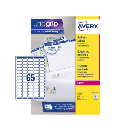 Avery Laser Mini Label 38x21mm 65 Per A4 Sheet White (Pack 1625 Labels) L7651-25