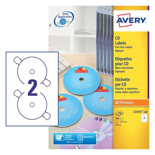 Avery Full Face CD/DVD Matt Label 117mm Diameter 2 Per A4 Sheet White (Pack 200 Labels) L7676-100