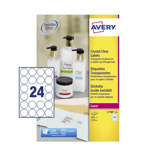 Avery Laser Label 40mm Diameter 24 Per A4 Sheet Crystal Clear (Pack 600 Labels) L7780-25