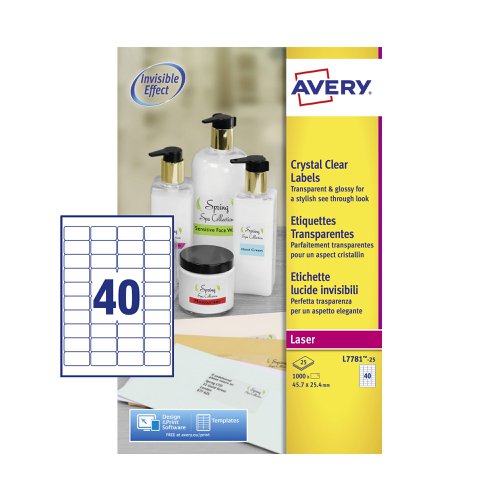 Avery Laser Label 45.7x25.4mm 40 Per A4 Sheet Crystal Clear (Pack 1000 Labels) L7781-25