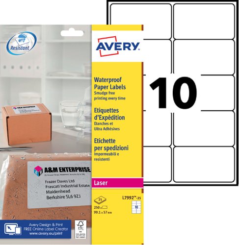 Avery Laser Weatherproof Parcel Label 99x57mm 10 Per A4 Sheet White(Pack 250 Labels)L7992-25