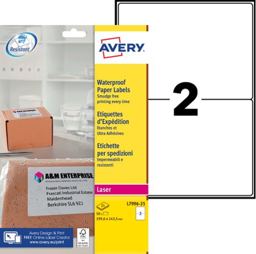 Avery Waterproof Paper Label 199.6x143.5mm 2 Per Page (Pack 50) - L7996-25