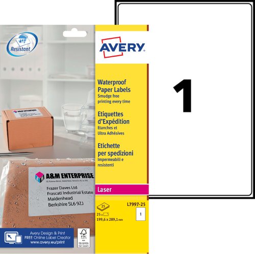 Avery Waterproof Paper Label 199.6x289.1mm 1 per Page (Pack 25) - L7997-25