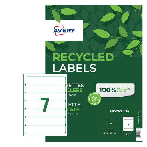 Avery Recycled Filing Label Lever Arch File 192x38mm 7 Per A4 Sheet White (Pack 105 Labels) LR4760-15