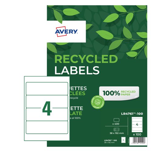 Avery Recycled Filing Label Lever Arch File 192x61mm 4 Per A4 Sheet White (Pack 400 Labels) LR4761-100