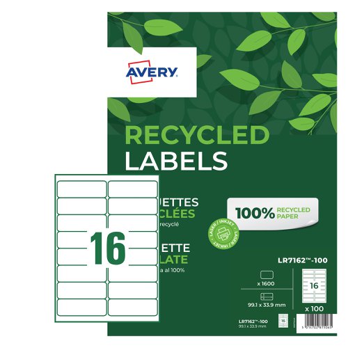 Avery Laser Recycled Address Label 99.1x33.9mm 16 Per A4 Sheet White (Pack 1600 Labels) LR7162-100