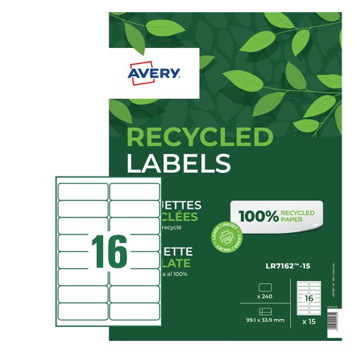 Avery Laser Recycled Address Label 99.1x33.9mm 16 Per A4 Sheet White (Pack 240 Labels) LR7162-15