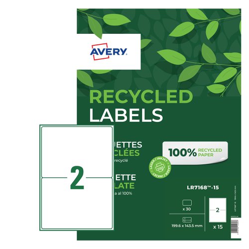 Avery Laser Recycled Address Label 199.6x143.5mm 2 Per A4 Sheet White (Pack 30 Labels) LR7168-15