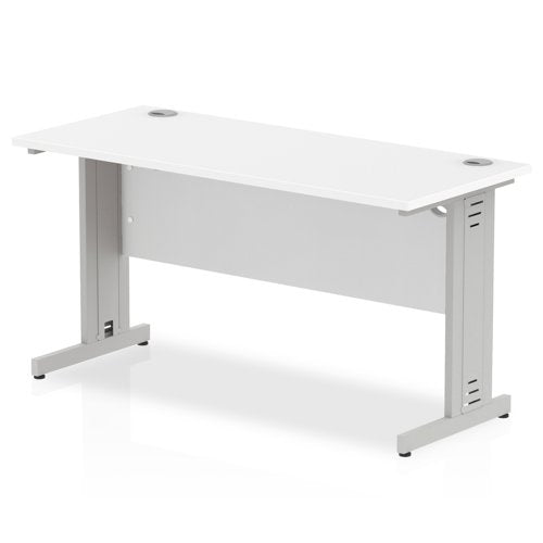 Impulse 1400 x 600mm Straight Desk White Top Silver Cable Managed Leg MI002277 DD