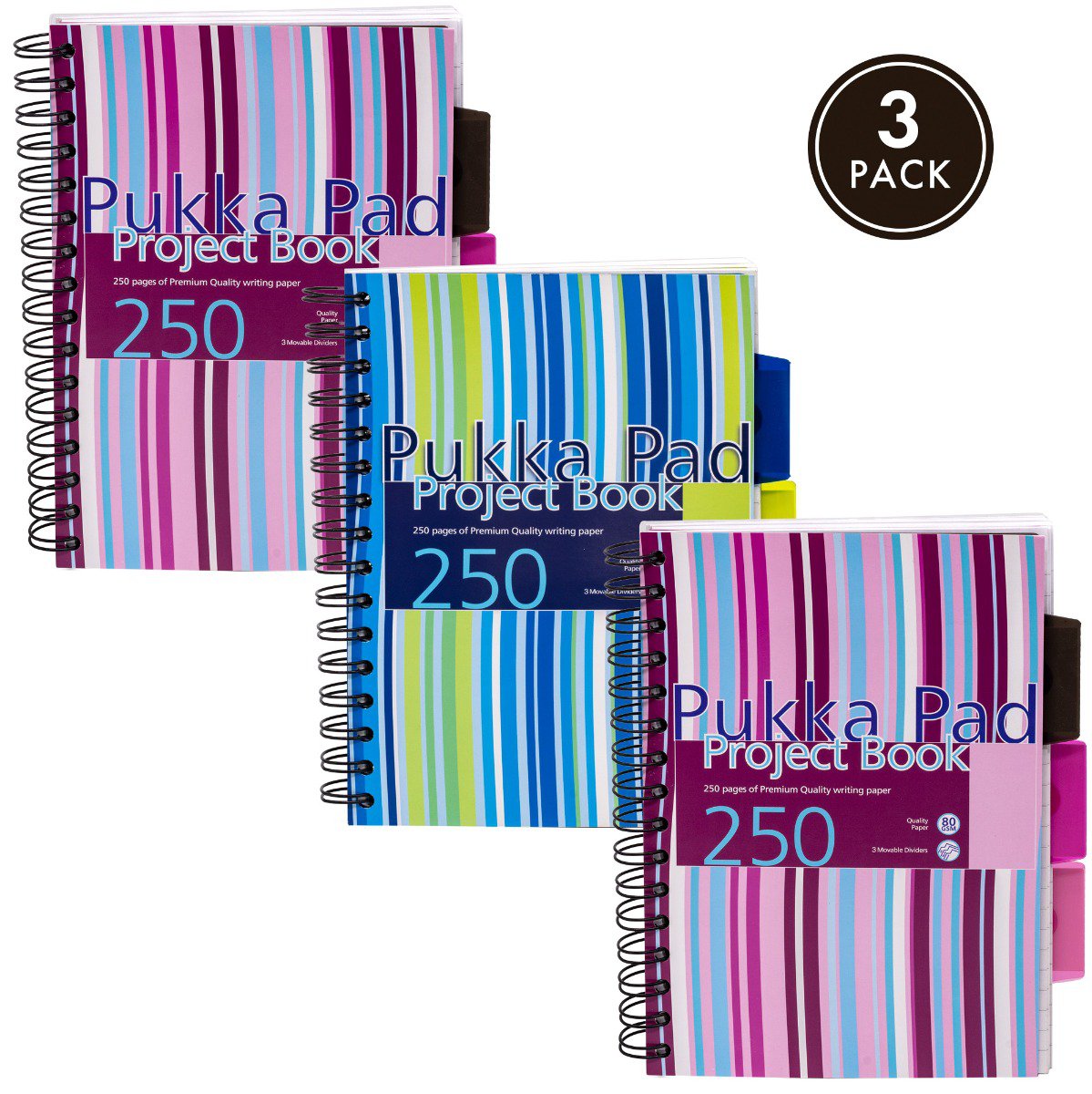 Pukka Pad Stripes Polypropylene Project Book 250 Pages A5 Blue/Pink (Pack of 3)
