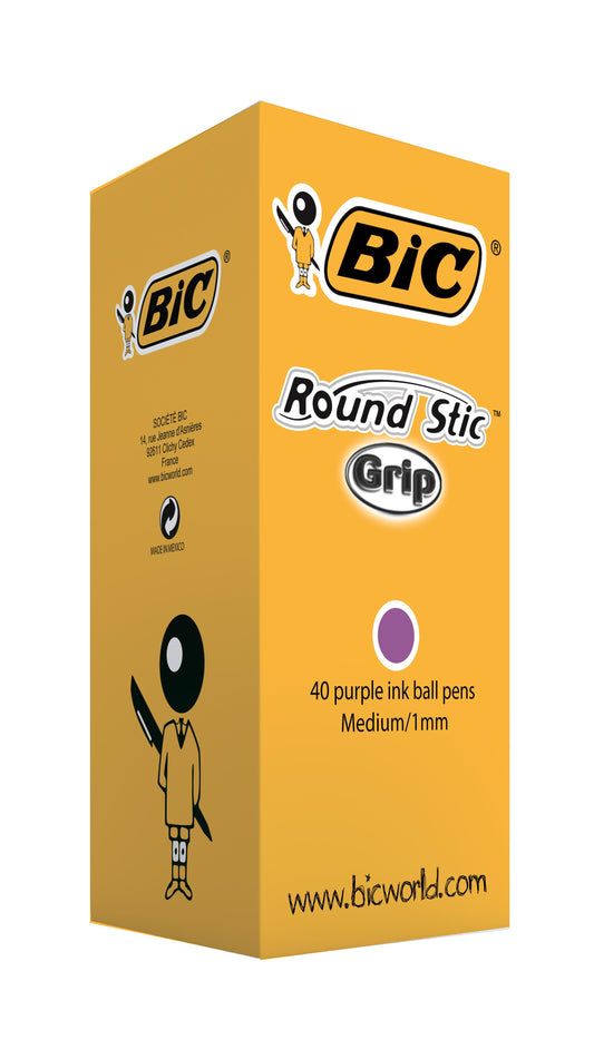 Bic Round Stic Grip Ballpoint Pen 1mm Tip 0.32mm Line Purple (Pack 40) - 920412
