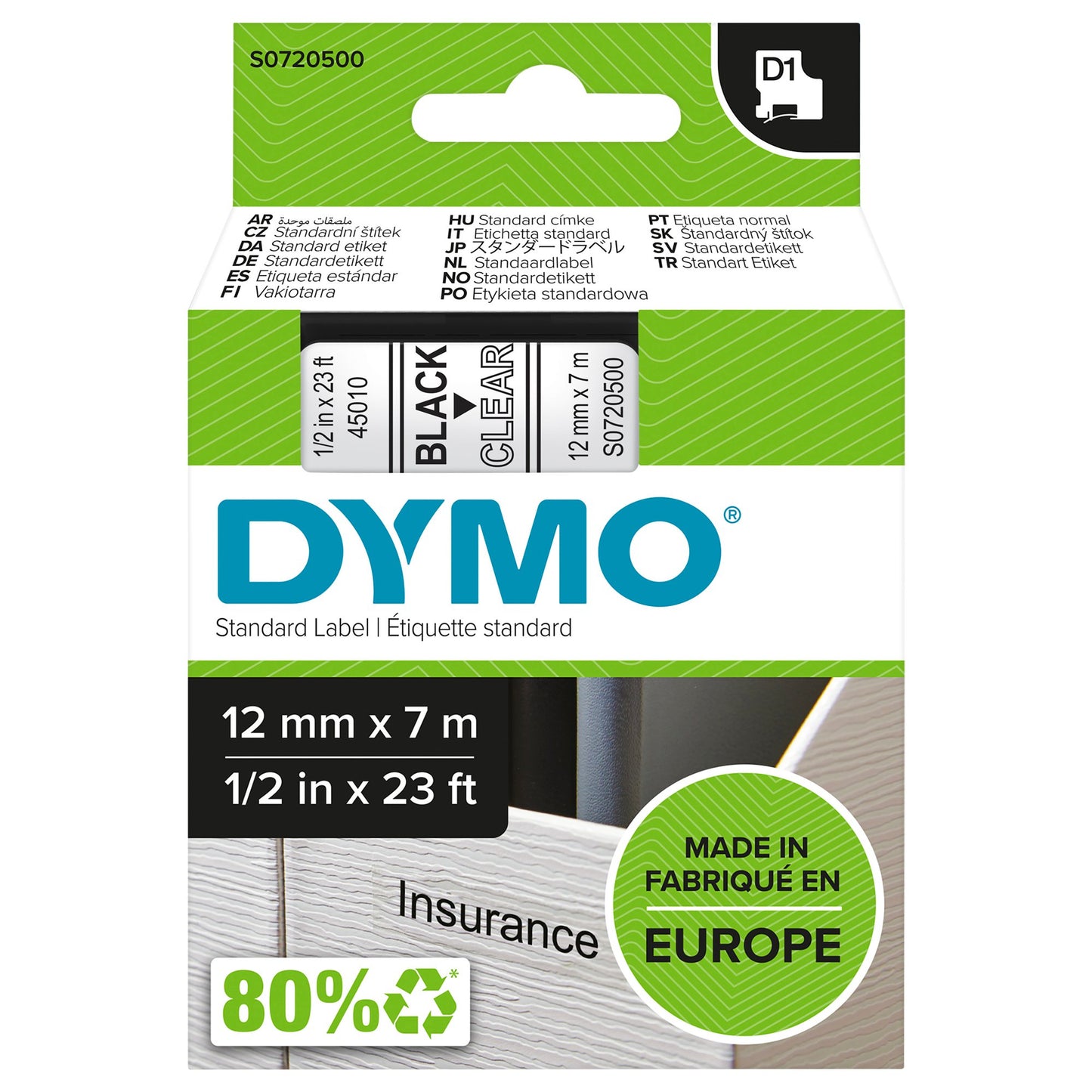 Original DYMO 45010 (S0720500) D1 Label Tape Black on Clear 12mm x 7m