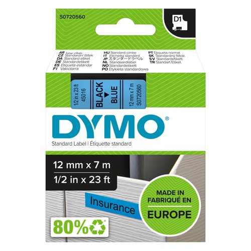 Original Dymo 45016 D1 LabelMaker Tape 12mm x 7m Black on Blue S0720560