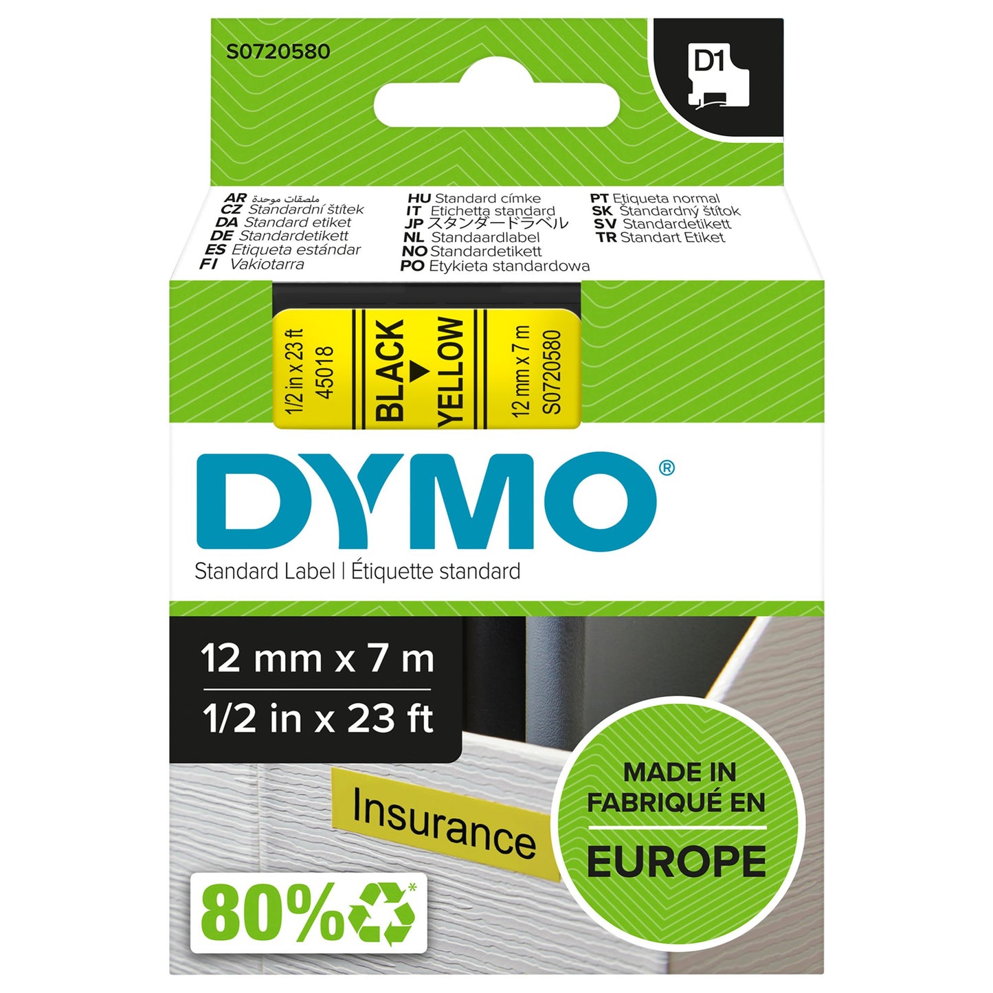 Original DYMO 45018 (S0720580) D1 Label Tape Black on Yellow 12mm x 7m