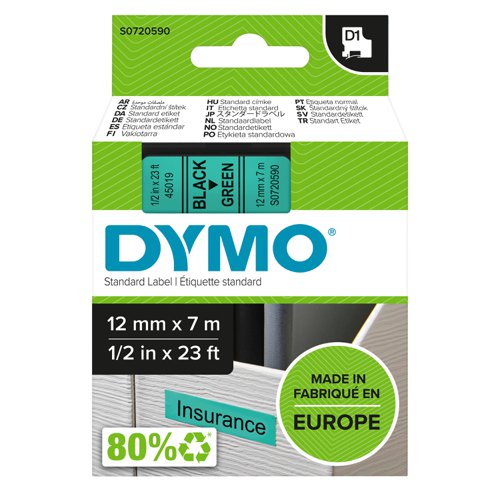Original Dymo 45019 D1 LabelMaker Tape 12mm x 7m Black on Green S0720590